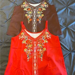 Embroidered Floral V-Neck Tank - Red & Brown